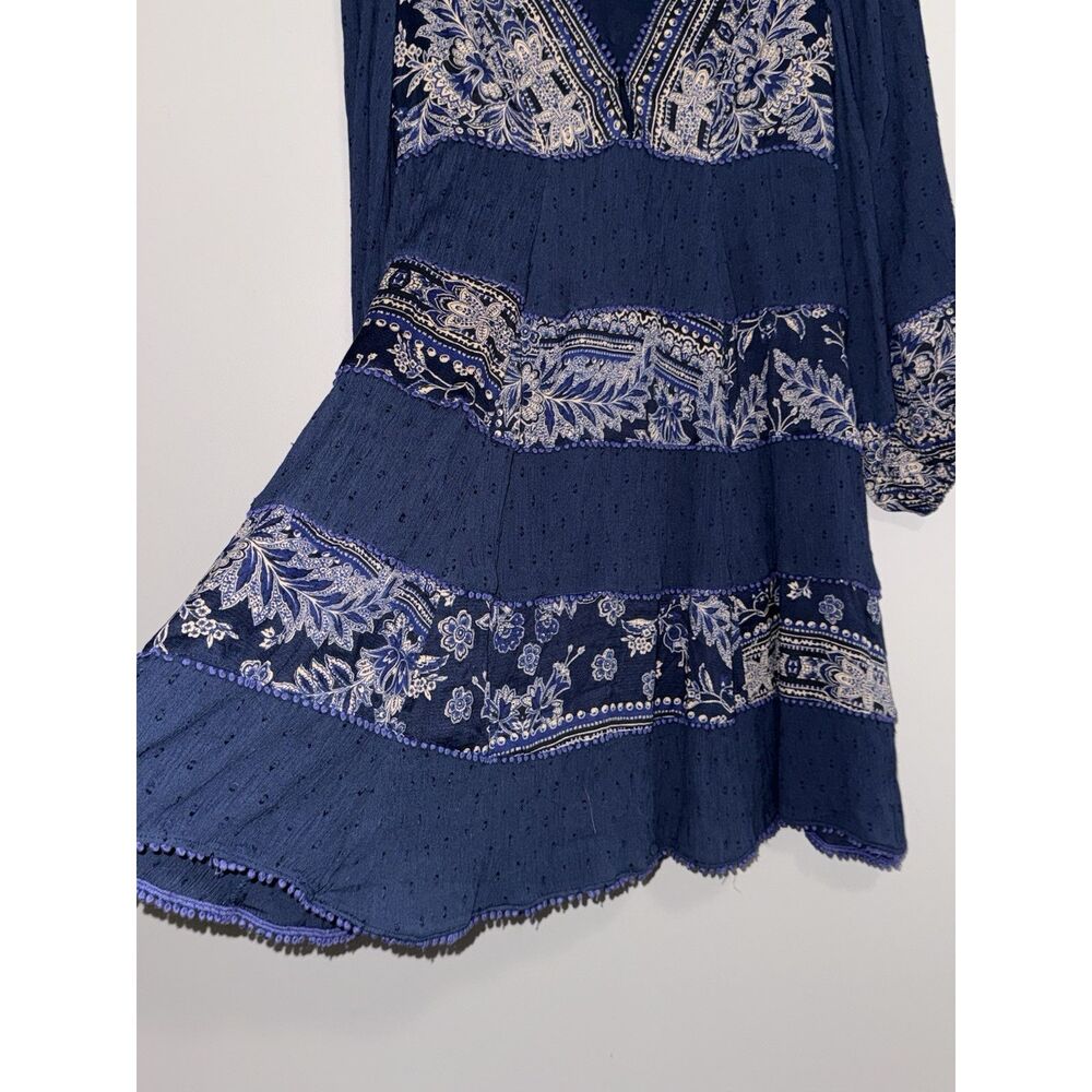 Free People My‎ Love Mini Dress Boho Hippie Balloon Sleeve Blue Floral Patch XS - Picture 9 of 16